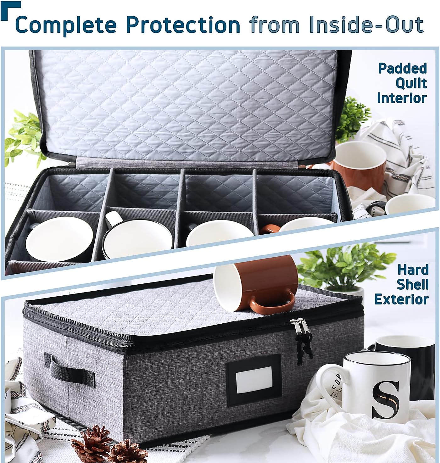 Fine China Storage Containers Hard Shell, 6 Piece Dish Storage Containers, Stackable Plate Storage Containers, Coffee Mug Storage and Wine Glass Storage Box with Dividers, Quilted Dish Organizers