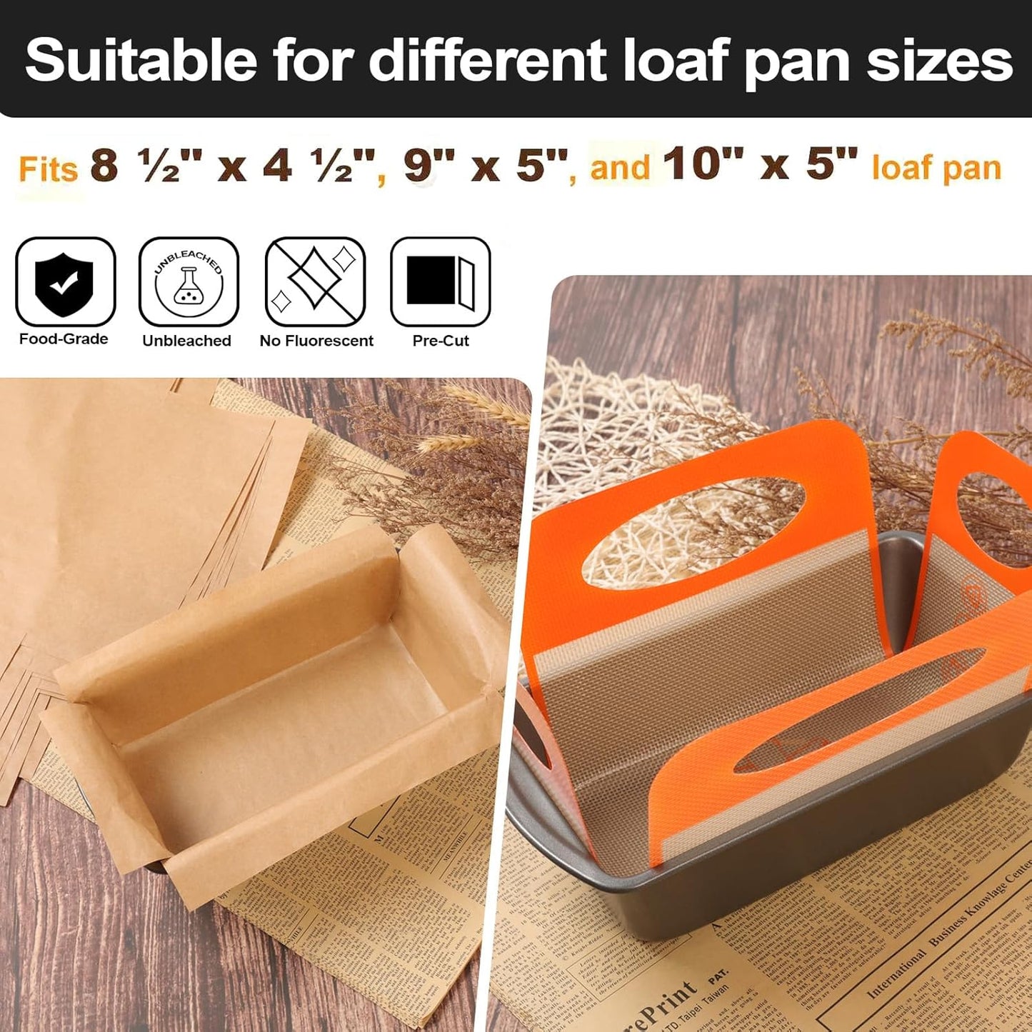 100 Pcs Unbleached Parchment Paper & 1 Pcs Silicone Loaf Pan Liner Set - Non-Stick Precut 9’’x5’’Bread Baking Sheets & Reusable Sourdough Sling with 4 Handles