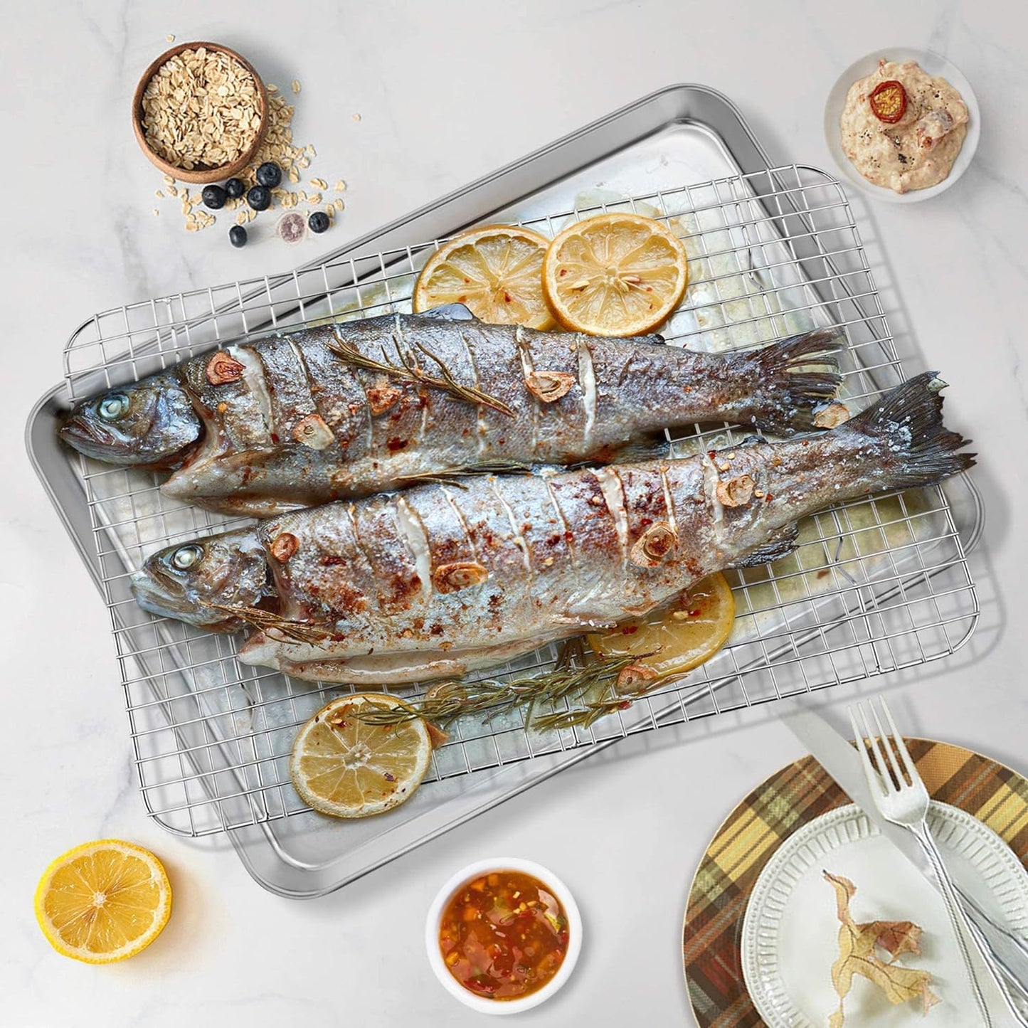 P&P CHEF 16 Inch Baking Sheet and Rack Set, Stainless Steel Cookie Sheets Oven Baking Pans Trays with Cooling Racks for Cooking & Roasting, Oven & Dishwasher Safe, (2Pcs)