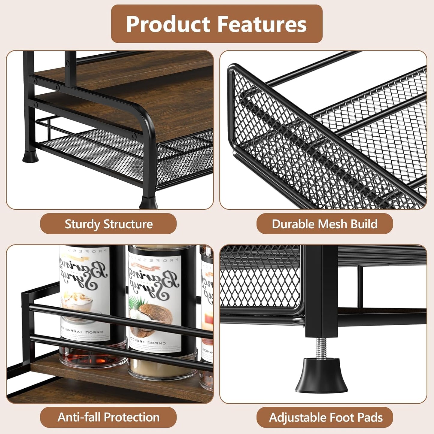 Coffee Syrup Rack Organizer, 3-Tier 8 Bottles Syrup Rack with 35 K Cup Storage Basket for Coffee Bar, Countertop Bottle Holder Stand for Wine, Dressing for Kitchen Cafe Station