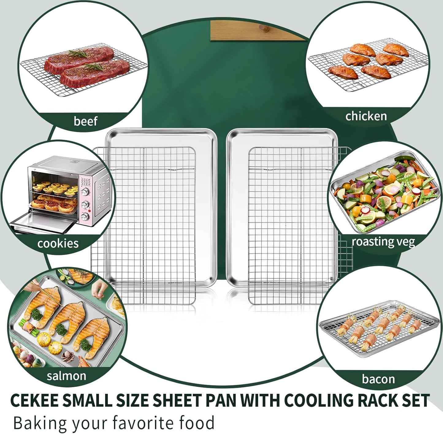 CEKEE 4 PCs Small Baking Sheet With Wire Rack Set [2 Pans + 2 Cooling Racks], 10 Inch Stainless Steel Tray - Rust & Warp Resistant, Easy Clean