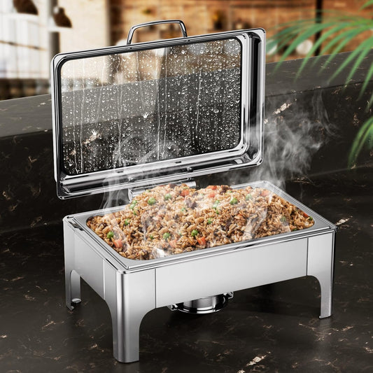 Chafing Dishes for Buffet, 9.5QT Square Stainless Steel Chafing Dish with Transparent Hydraulic Lid, 304 Food Pan, Buffet Warmer for Parties and Events (Silver)