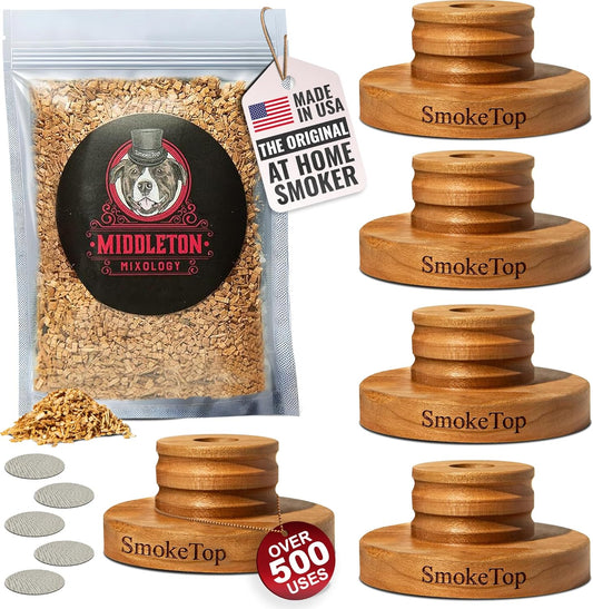 SmokeTop Cocktail Smoker Kit 5 Pack - Old Fashioned Chimney Drink Smoker for Cocktails, Whiskey, & Bourbon With Sample Wood Chips - by Middleton Mixology