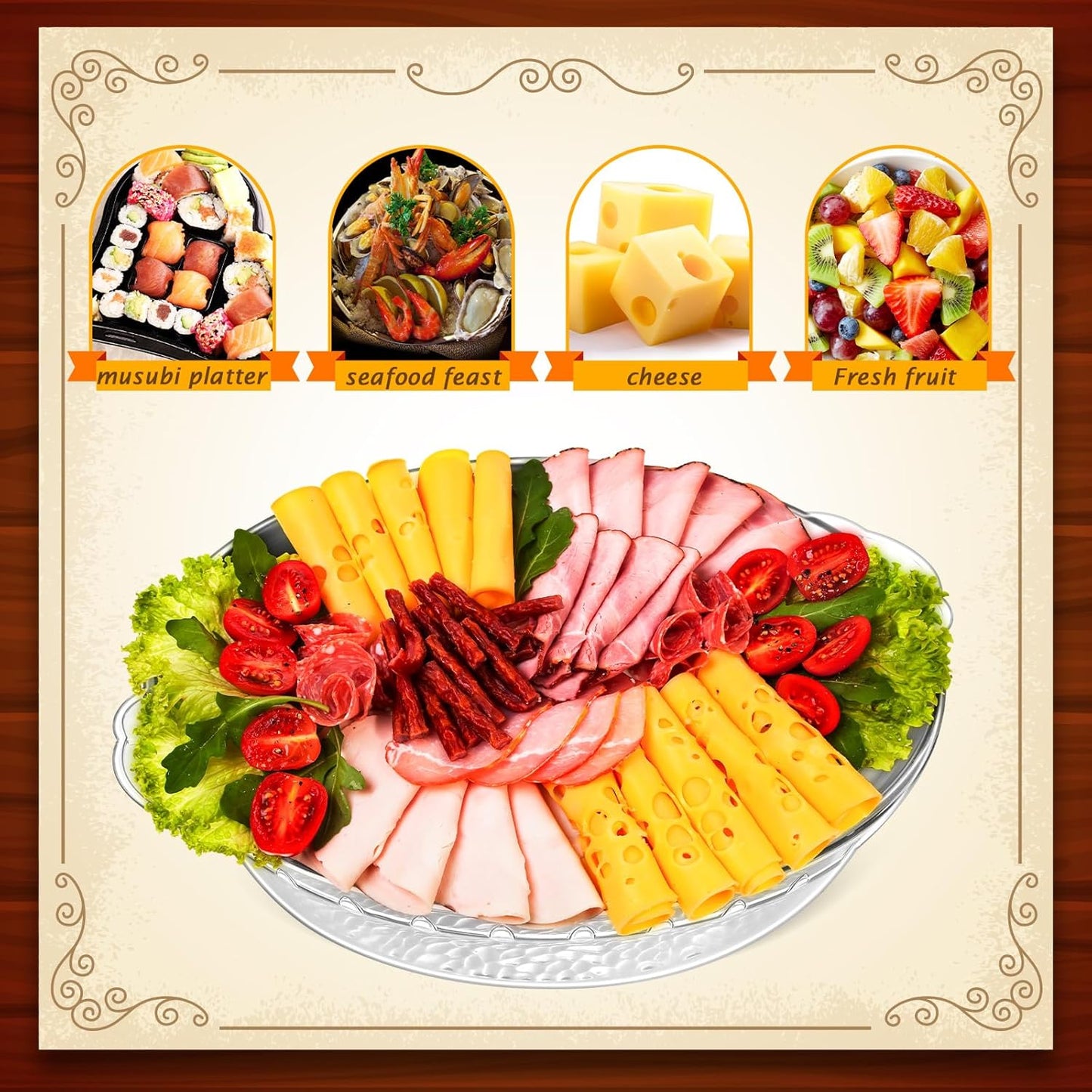 Baderke 1 Set 11.8" Chilled Serving Tray for Parties with Compartments Ice Chilled Party Platter Charcuterie Serving Board Cold Dish Dip for Fruit Seafood Vegetable Shrimp Cocktail (Natural)