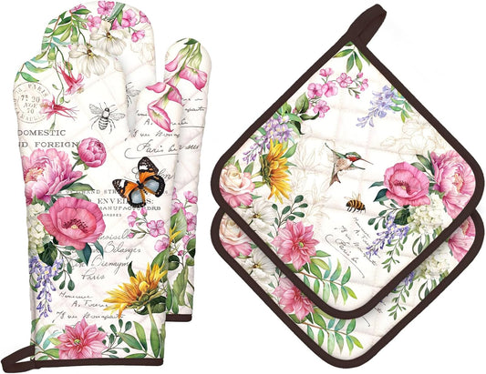 Vintage Flower Oven Mitts and Pot Holders Sets 4Pcs, 100% Cotton Heat Resistant, Extra Long Oven Gloves Potholder for Kitchen Cooking Baking Decoration