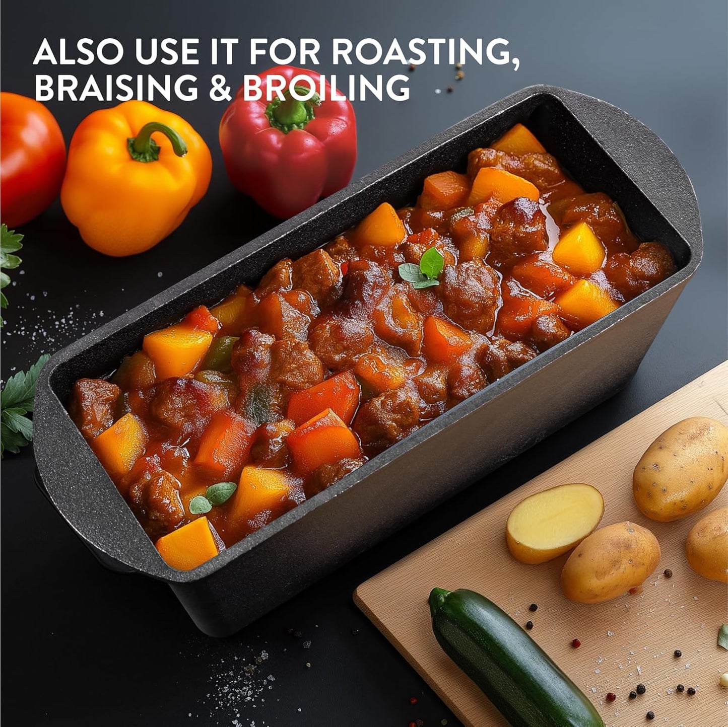 Navaris Cast Iron Bread Loaf Tin, 34cm, Black - Even Heat Distribution & Retention - Enameled Non-Stick Baking Pan - Cake and Bread Tins for Roasting, Oven Cooking & Grilling