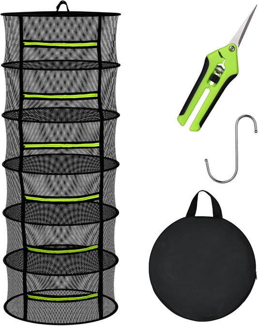 Herb Drying Rack with Mesh Design, Hanging Drying Rack with Green Zipper & Garden Pruning Shears – Versatile Plant Drying Solution (6 Layers)