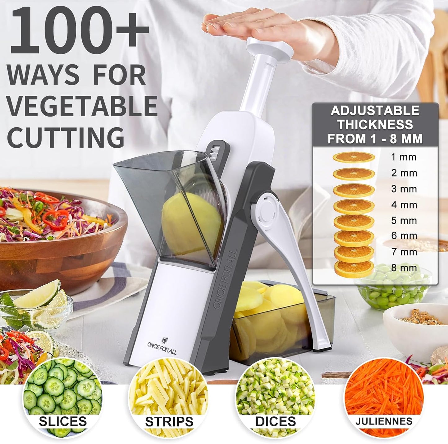 ONCE FOR ALL Safe Mandoline Slicer 5 in 1 Vegetable Chopper Food Potato Cutter, Strips Julienne Dicer Adjustable Thickness 0.1-8 mm Kitchen Chopping Artifact Fast Meal Prep (Gray)