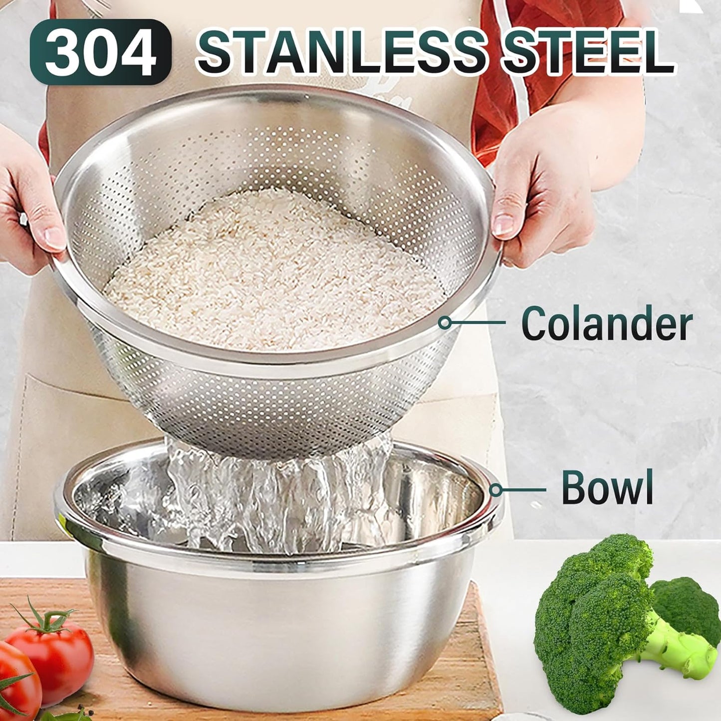 304 Stainless Steel Colander 4QT Microporous Colander & Large Bowl for Kitchen,Rice Strainer with Salad Mixing Bowl for Pasta Straining,Fruit Washing,Vegetable Draining,Food Mixing(2PCs)