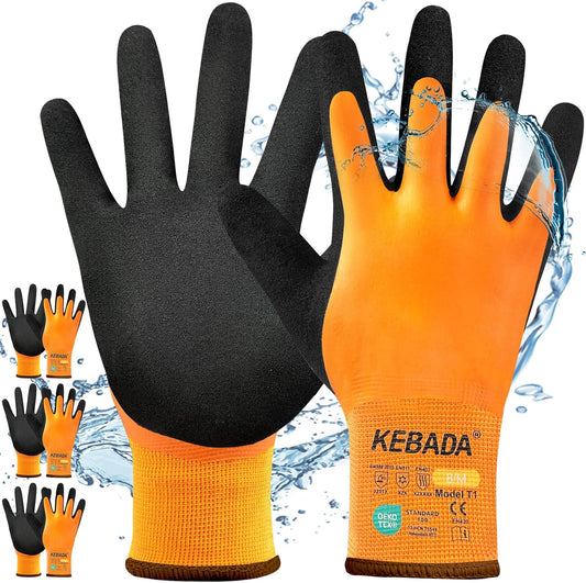 Kebada T1 3 Pairs Waterproof Winter Work Gloves for Men and Women, Warm Work Gloves for Cold Weather, Thermal Insulated Freezer Gloves, 100% Latex Coating & Super Grip, Unisex, Large