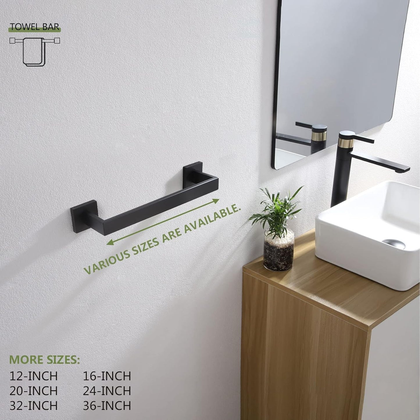 KOKOSIRI 12-Inch Single Towel Bar, Bathroom Kitchen Towel Holder, Wall Mounted SUS304 Stainless Steel Towel Rack 2 Pack, Matte Black, B4003BK-L12-P2