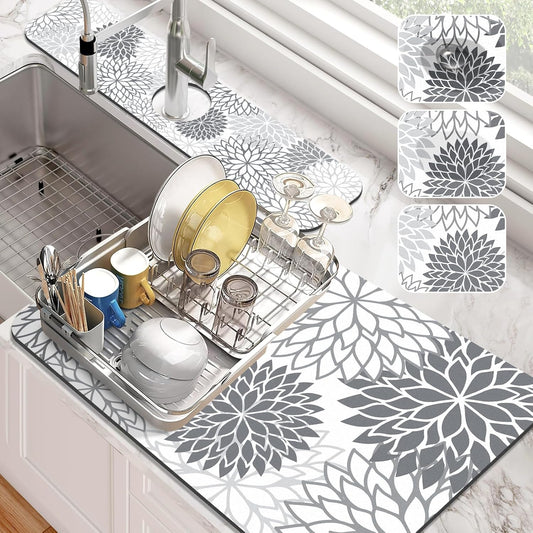 Findosom 2PCS 16" x 24" Dish Drying Mat & 24" x 5.5" Sink Splash Guard, Super Absorbent & Cuttable Dish Mat Drying Kitchen Mat with Gray Floral, Hide Stain Drying Mat for Kitchen Counter