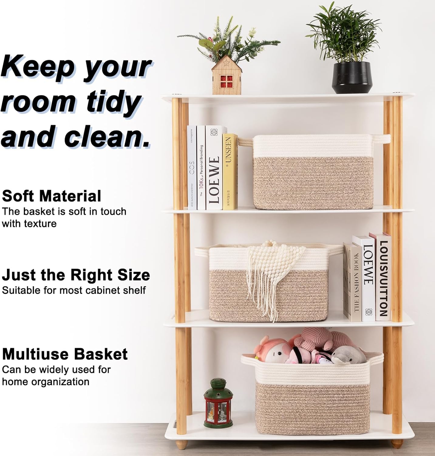 OIAHOMY 3 Pack Storage Baskets for Organizing, 13''X9.85''X8.7'' Storage Bins,Woven Basket with Handles, Toy Storage Bin,Stylish Room Decor Basket, white & Brown variegated