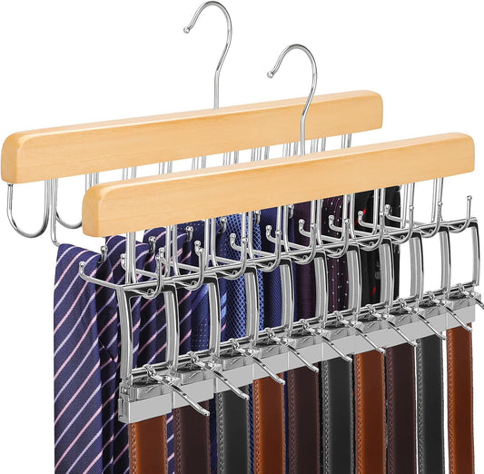 TOPIA HANGER 2 Pack 2 in 1 Belt Tie Hanger for Closet Max 60 Belts with 60 Ties Capacity, 20 Hooks Belt Tie Racks Wooden Hanger for Closet Organizer Space Saving “U” Fit Belt and “一” Fit Tie - CT59N