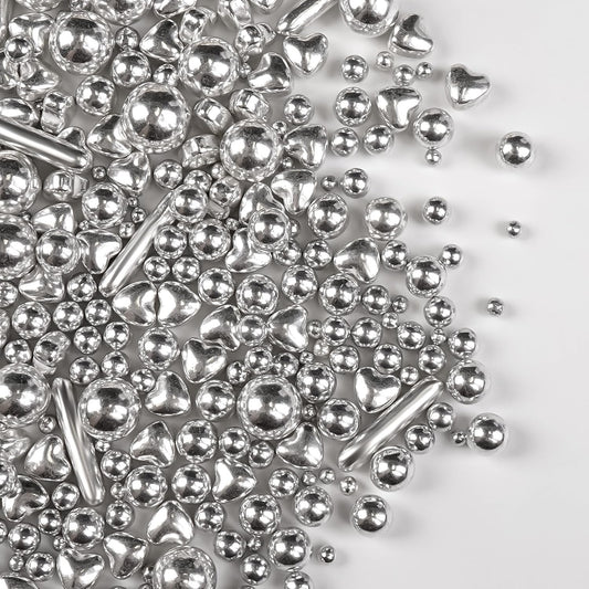 Silver Pearl Rods Heart Sprinkles, Baking Sugar, Silver Sprinkles for Cake, Mix Size, Cupcake Decoration, Holiday, Mother's Day, Wedding Party Supplies