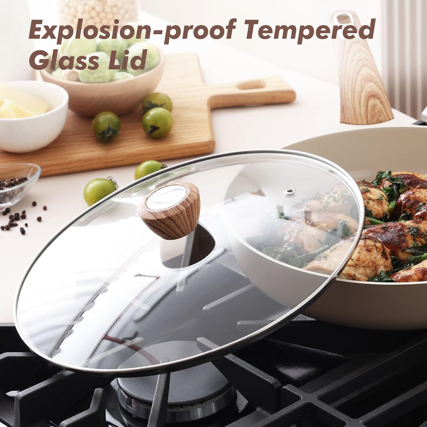 SENSARTE Ceramic Nonstick Frying Pan Skillet with Lid 8inch Non Stick Pan Omelet Pans, Non-toxic Healthy Kitchen Cooking Chef's Pan, Free of Intentionally Added PFAS/PTFE, Induction Compatible, Taupe