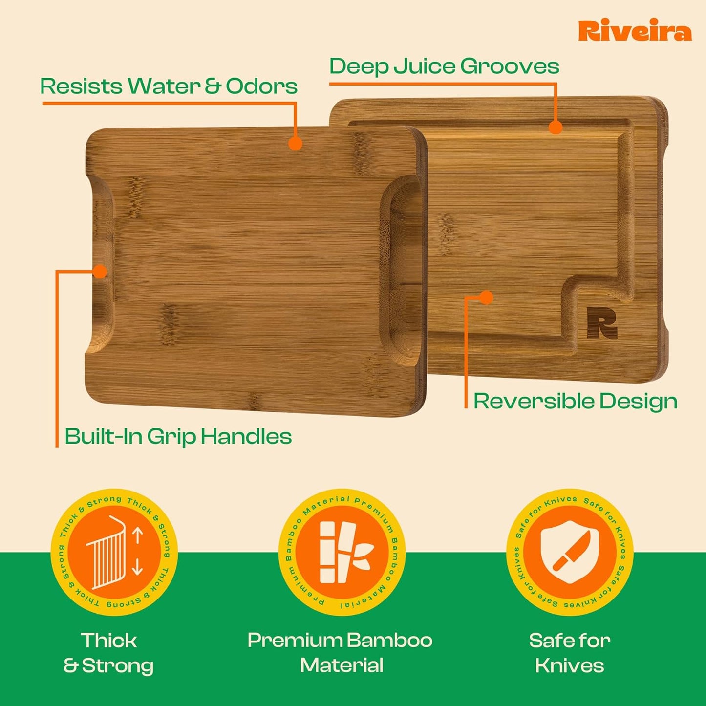 Riveira Brown Bamboo Wood Cutting Board – Gourmet Bamboo Grandeur: 8 x 6 Wooden Cutting Board – Wooden Cutting Boards For Kitchen Decorative – Innovative Juice Grooves Wooden Chopping Board
