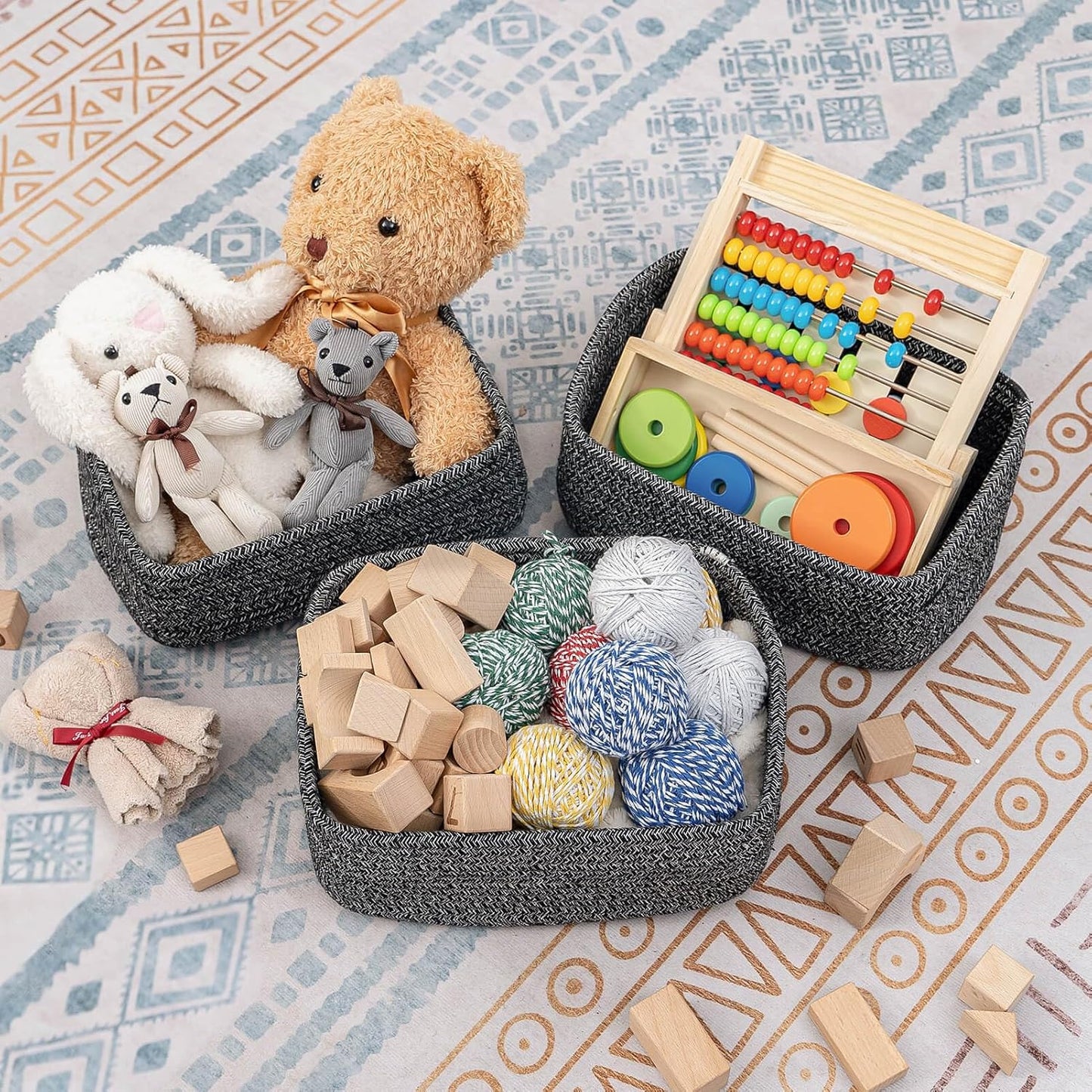 CubesLand Mixed Black Baskets Bins for Organizing,Small Woven Storage Baskets for Shelves,Cute Closet Cube Bins Set 3,Baby Nursery Cube Organizer Toys Basket Bin,Home Decor Organization Bins