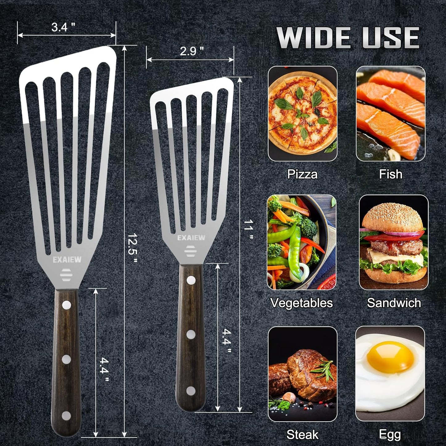 2 Pack Fish Spatula Stainless Steel，Flexible Metal Spatula Perfect for Flipping Eggs, Burgers and Baking, Durable Lightweight Kitchen Slotted Turner for Cooking & BBQ [Wooden Handle]