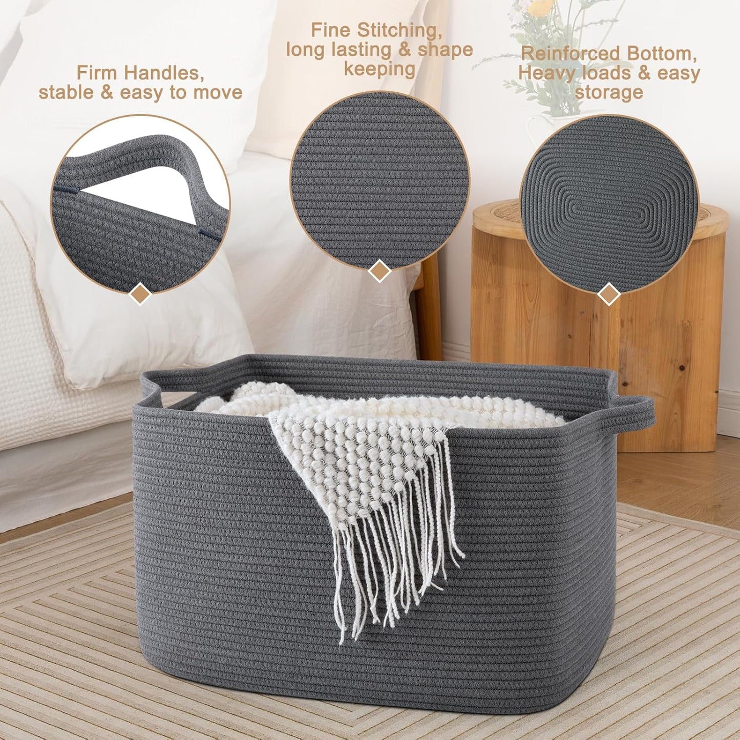 65L Large Storage Basket, Cotton Rope Woven Blanket Basket, Toy Storage for Baby Room, Living Room, Dark Grey