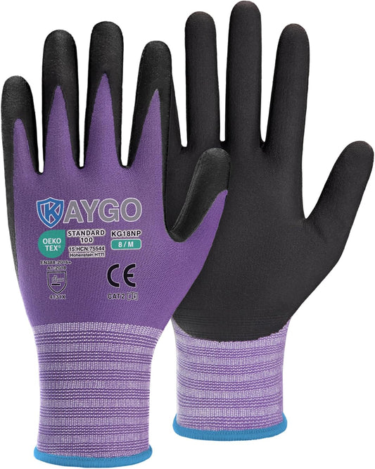 KAYGO Safety Work Gloves MicroFoam Nitrile Coated, 3 Pairs KG18NB,Seamless Knit Nylon Glove for Men and Women, Ideal for Automotive,Warehouse,Construction (Medium,Purple)