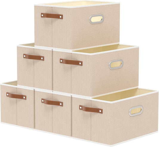 Yawinhe Fabric Storage Bins with Handles, Foldable Baskets for Shelves, Cubes with 3 Handles, Large Boxes for Clothes, Beige, 16.9''Lx11.8''Wx10.2''H, 6-Pack
