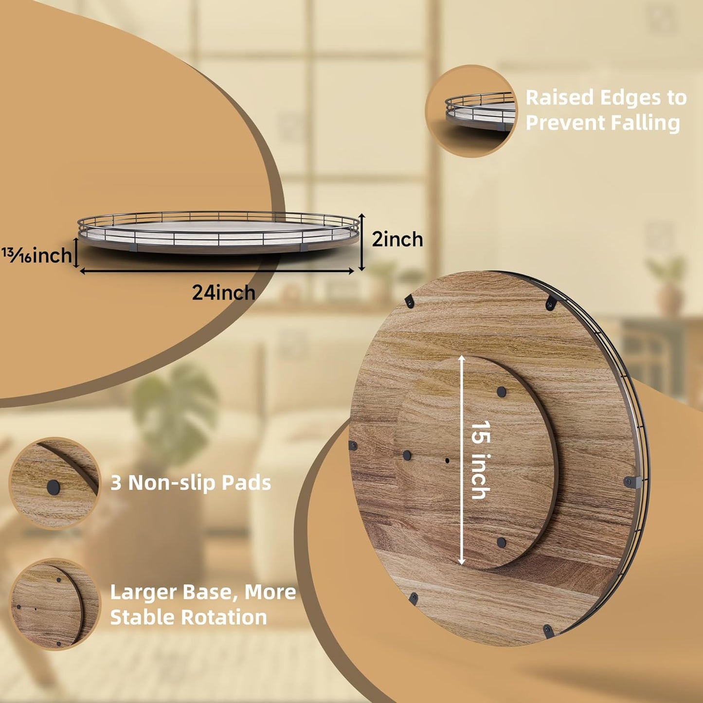 Acacia Wood 24" Lazy Susan Turntable Organizer for Table Top, Farmhouse Extra Large Round Lazy Susan for Serving Kitchen Countertop Cabinet for Charcuterie Centerpiece, Bathroom Vanity Tray Decor