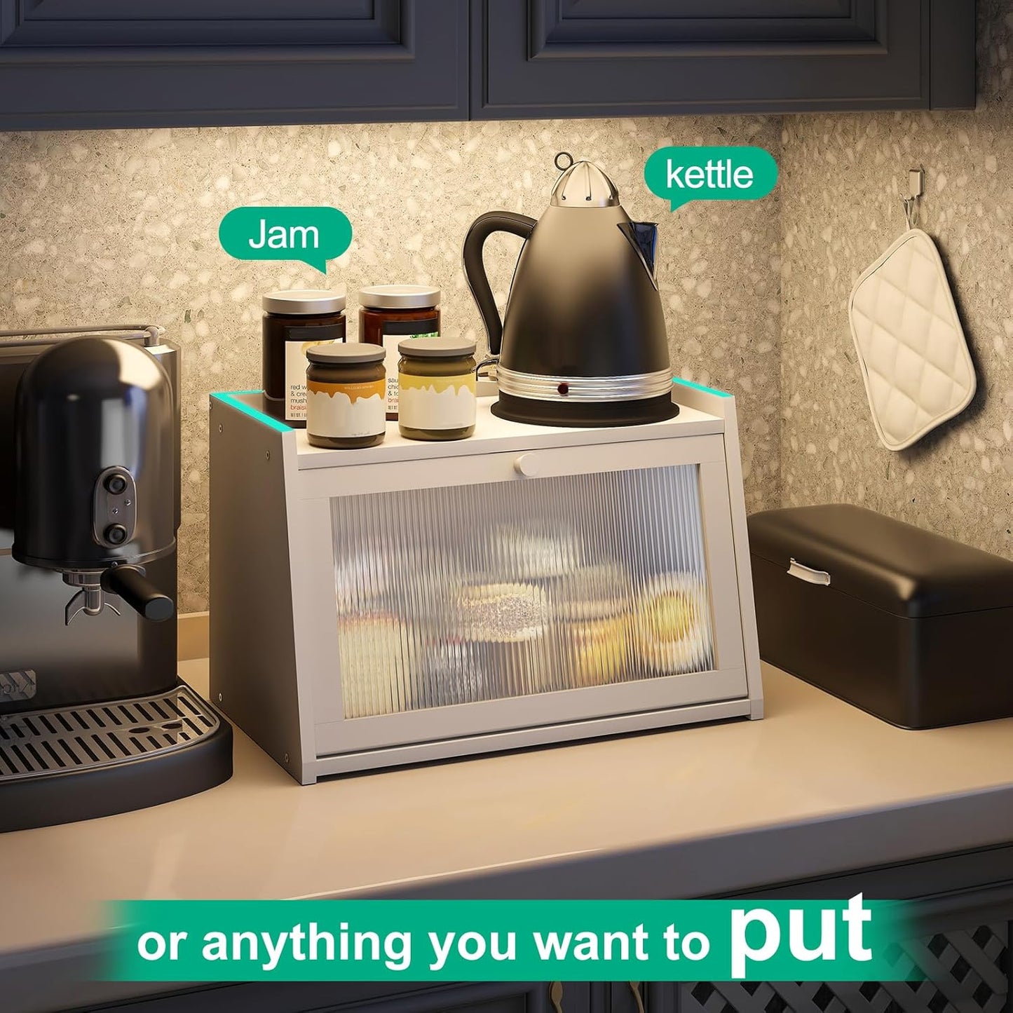 Bread Box for Kitchen Counter, Large Bamboo Bread Storage Container with Wavy Arcylic Door, Bamboo Wooden Farmhouse Bread Box for Your House (White, Medium)