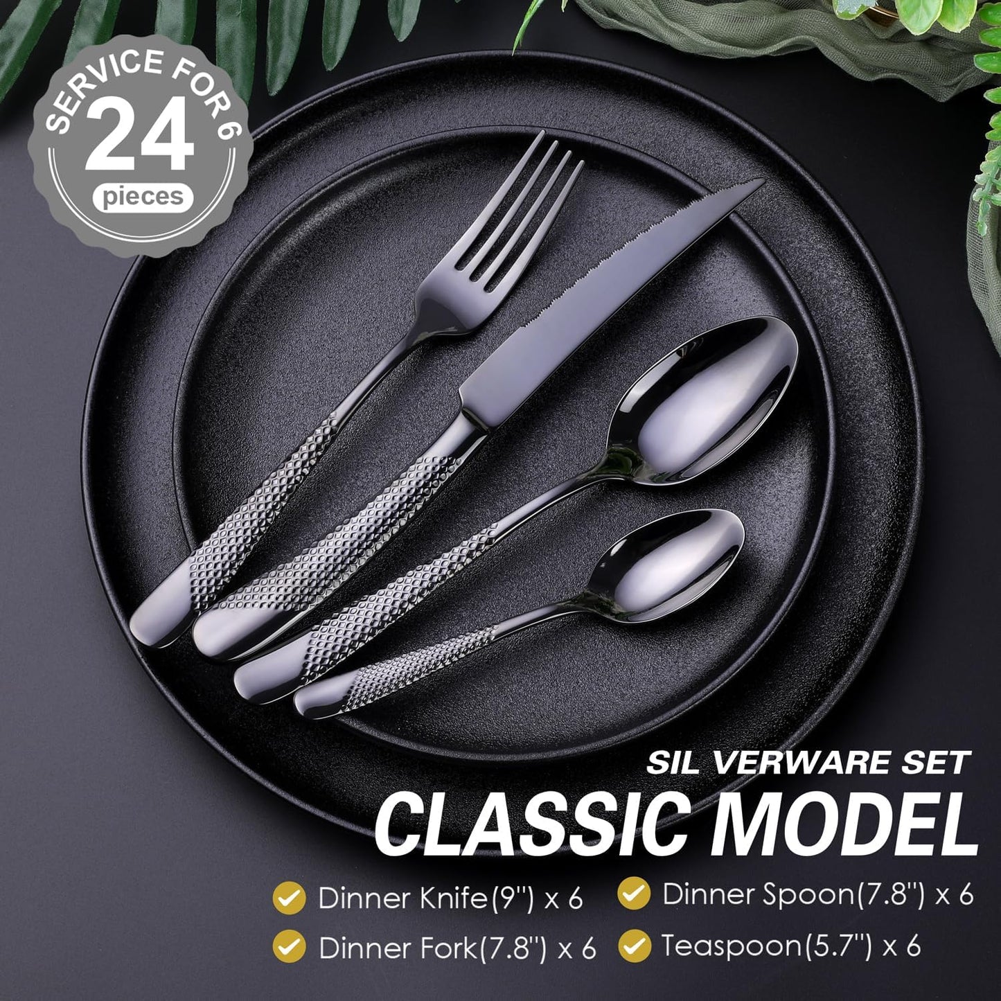 Hammered Black Silverware Set, OGORI 24-Piece 18/10 Stainless Steel Flatware Set, Service of 6