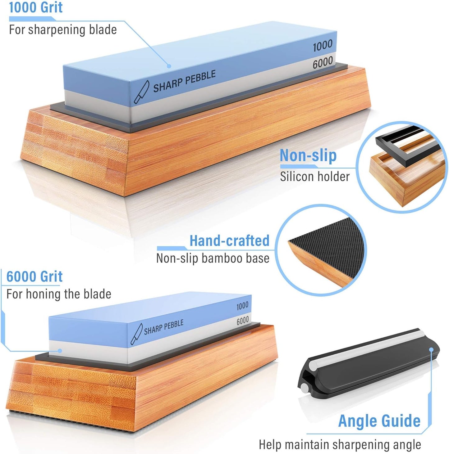 Sharp Pebble Knife Sharpening Stones Kit with 1000/6000 and 3000/8000 Grit with Flattening Stone & Angle Guide