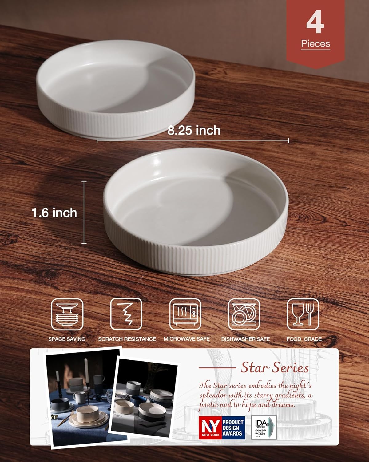 famiware Star 8.25" Pasta Bowls, Large Dinner Bowls Set of 4, Salad Bowl Plates, Shallow Bowls for Eating, Matte White (Full Glaze)