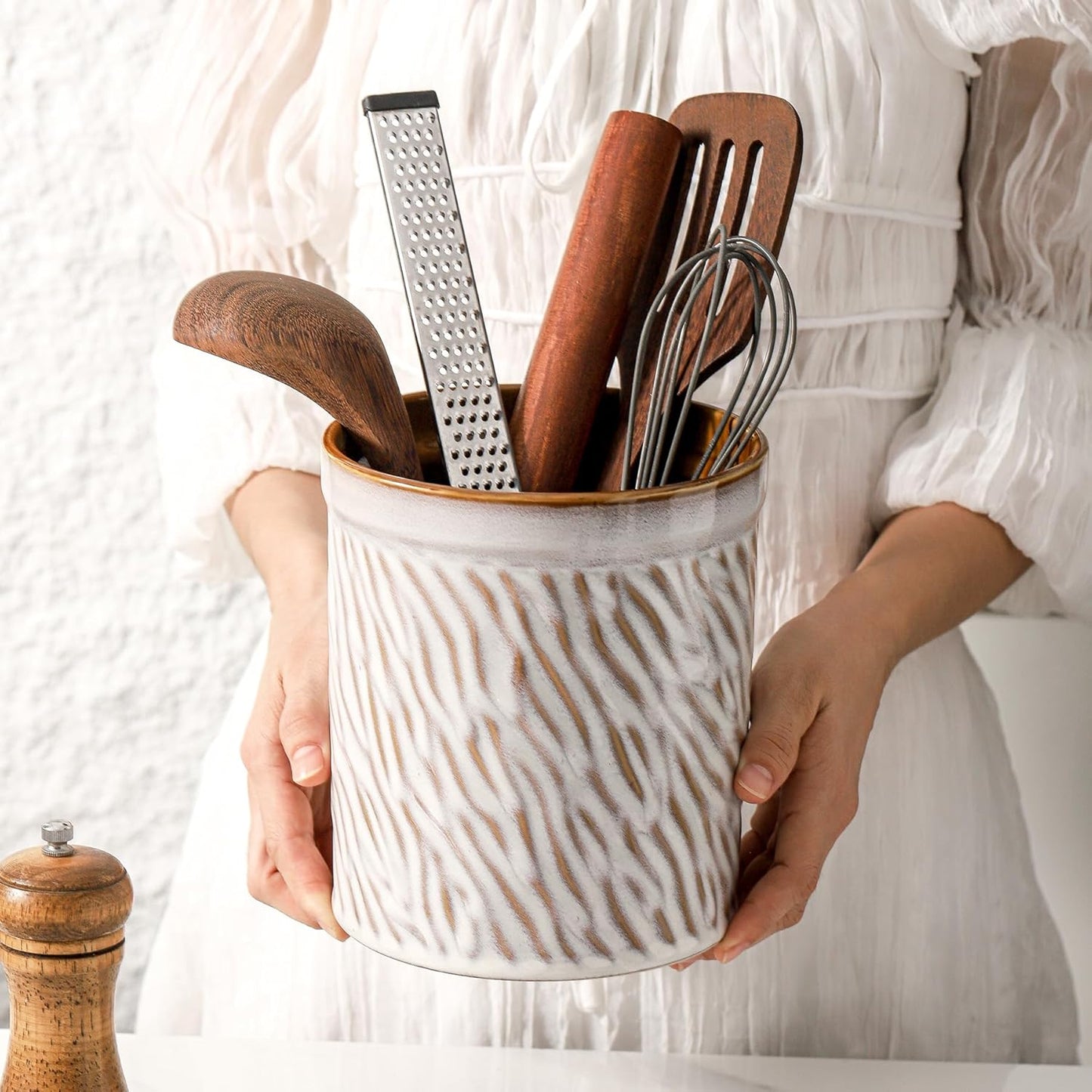 HVH Kitchen Utensil Holder for Countertop, 6 x 7 inch Large Utensils Holder, Ceramic Utensil Crock, Farmhouse Kitchen Décor, Big Utensil Holder, Deep and Heavy, Texture (Sand Color)