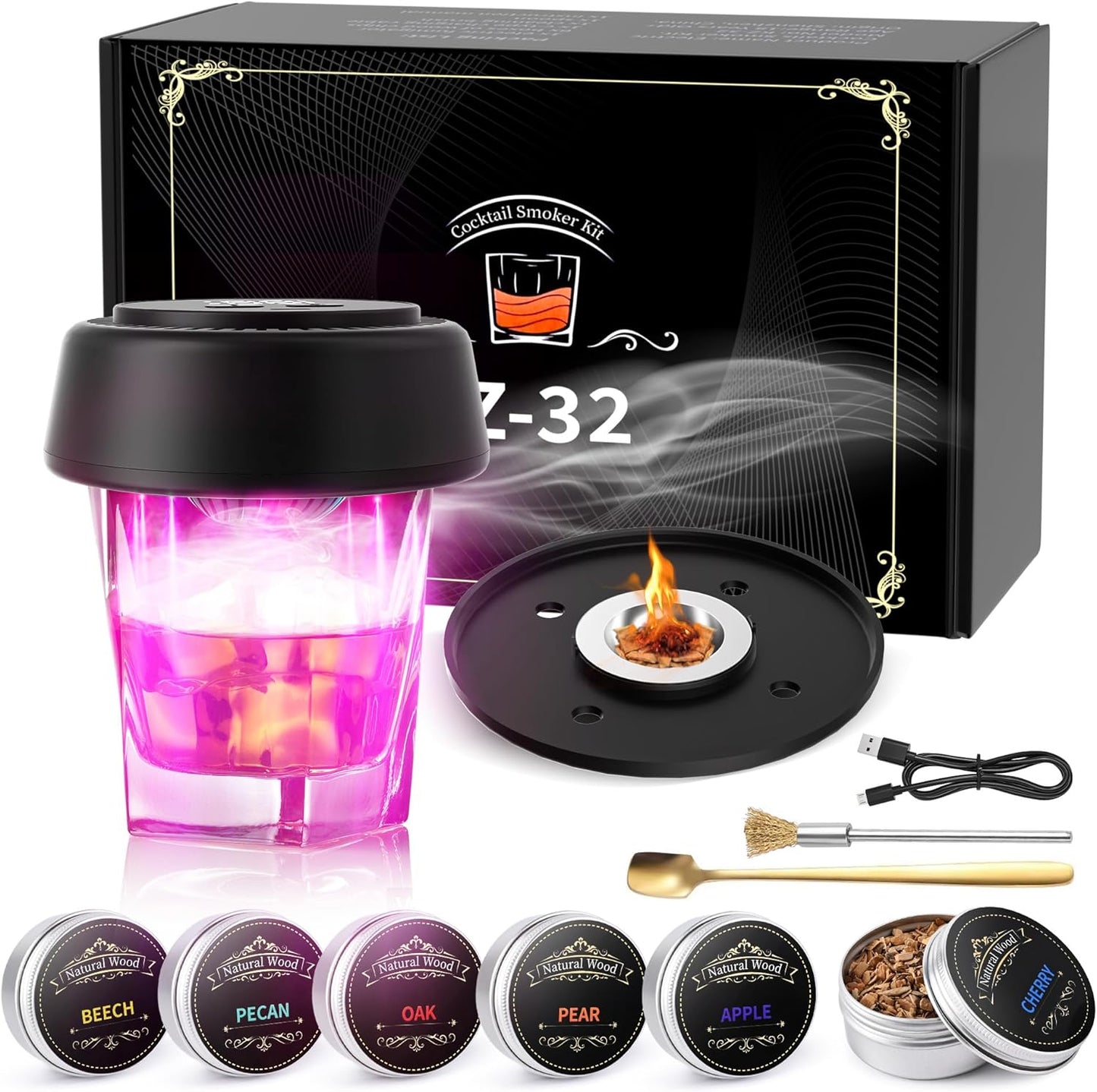 Electric Whiskey Smoker Kit Built-in Lighter with 7 Colorful Lights, Flameless Rechargeable Electric Drink Smoker Kit with 6 Wood Chips – Premium Cocktail Smoker Kit Set for Men, Husband, Dad