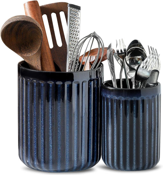 Hasense Cooking Utensil Holder, 7.3" + 5.7" - Large Utensil Crock for Farmhouse Kitchen Decor, Spatula Storage Organizer, Set of 2, Navy Blue