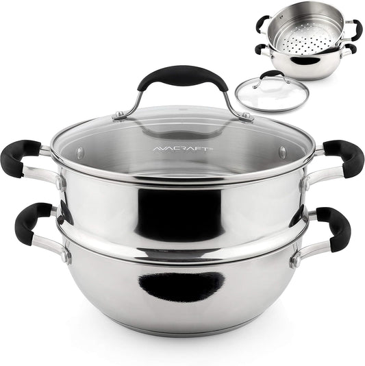 AVACRAFT 18/10, 3 Piece Stainless Steel Cooking Pot Set with Glass Lid, Momo Maker, Induction Steamer Pot