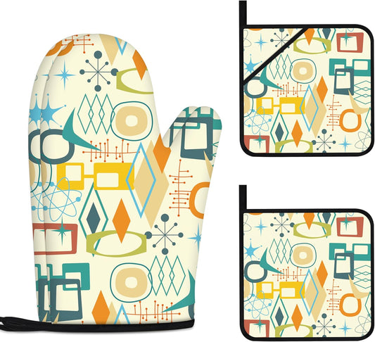 Mid Century Modern Oven Mitts and Pot Holders Sets Washable Oven Gloves Heat Resistant 4 Pcs Decorative Kitchen Hot Pads and Mitts for Baking Cooking Grilling