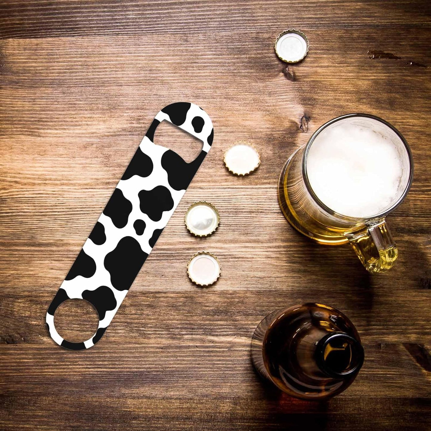 Cow Texture Stainless Steel Bottle Opener Jungle Animal Black and White Print Spot Skin Fur Pattern Flat Beer Bottle Opener Keychain for Home Kitchen Bar Restaurant Party Birthday Gift