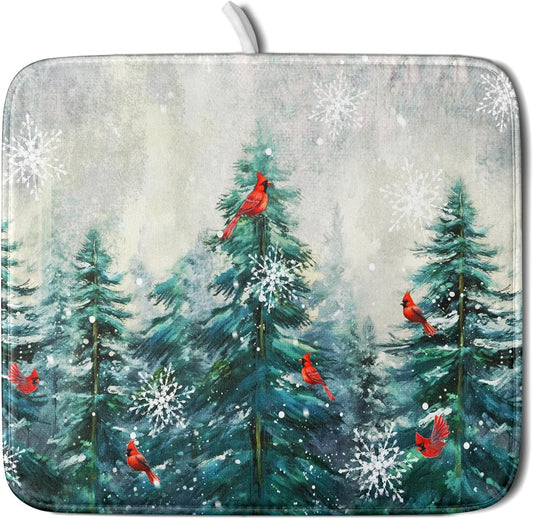 Pine Tree Dish Drying Mat for Kitchen Countertop Red Bird Dishes Mats Winter Decorative Absorbent Reversible Drainer Rack Pad 16x18 Inch