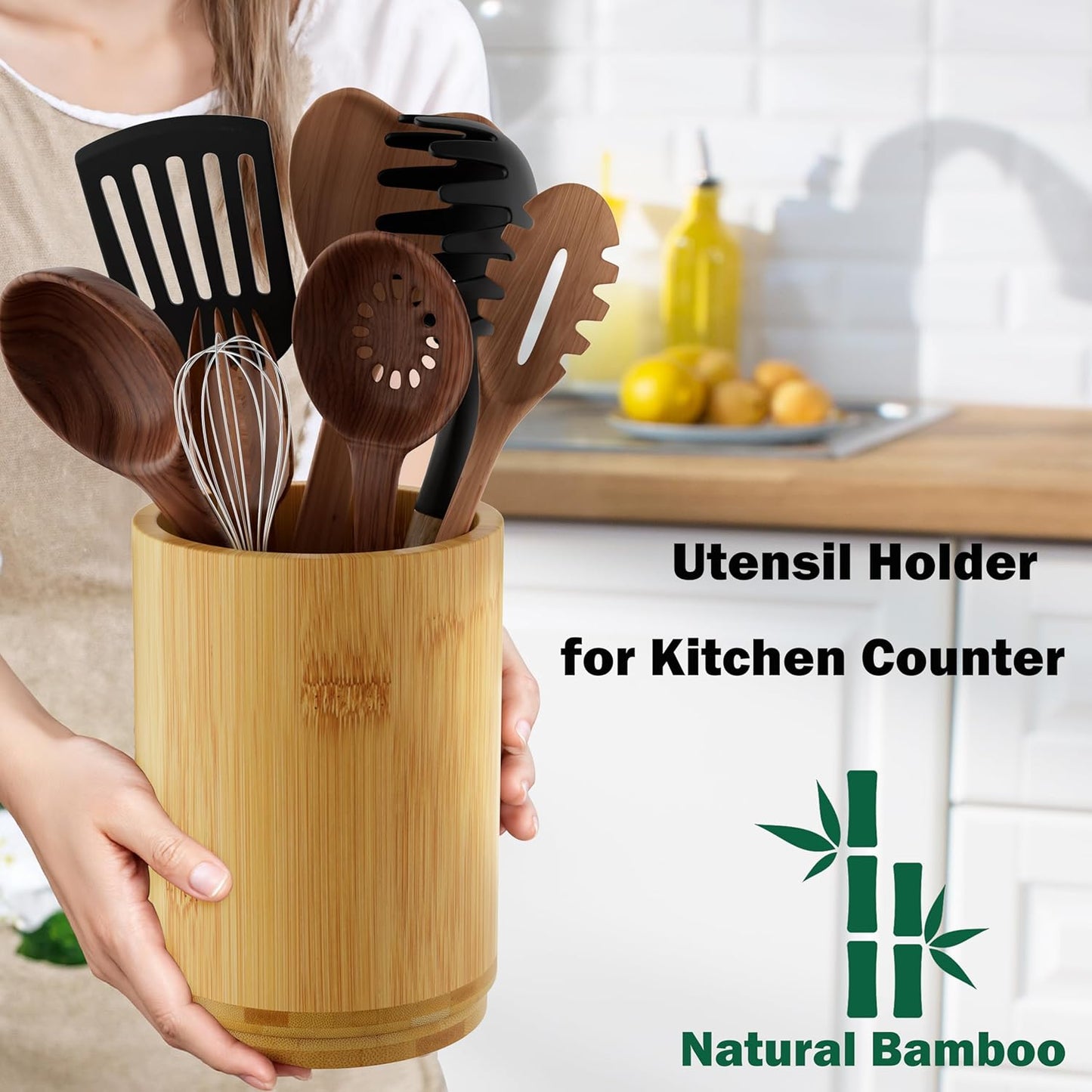 Bamboo Utensil Holder, Kitchen Utensil Holder for Countertop, 360°Rotating Cooking Utensil Crock for Kitchen Counter, 7.2" Large Utensil Organizer for Spatula