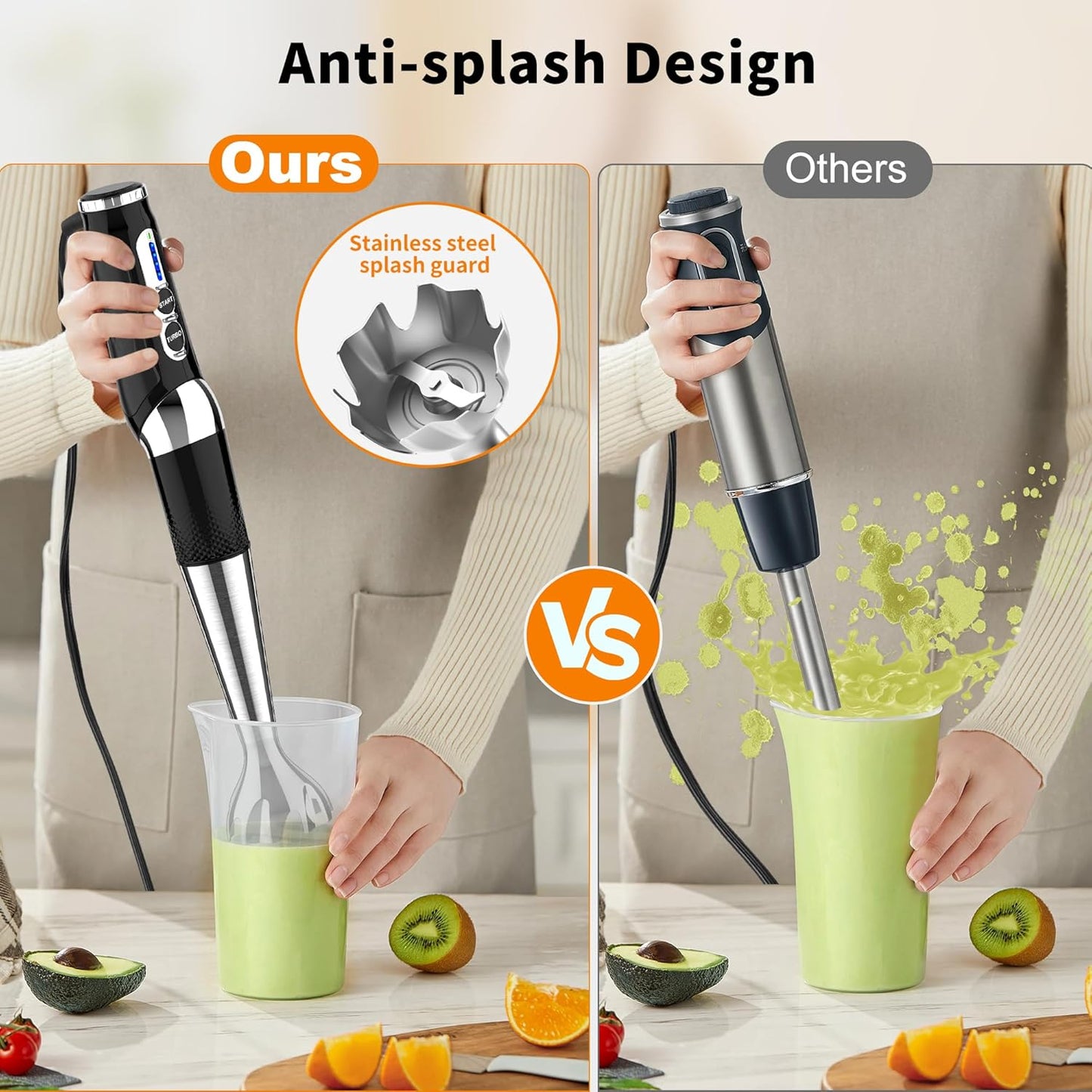 Immersion Blender Handheld, 3-Angle Adjustable with 21-Speed Electric Hand Emulsion Stick Blender with Stainless Steel Blade for Milkshakes, Puree, Soup, Baby Food, Smoothies