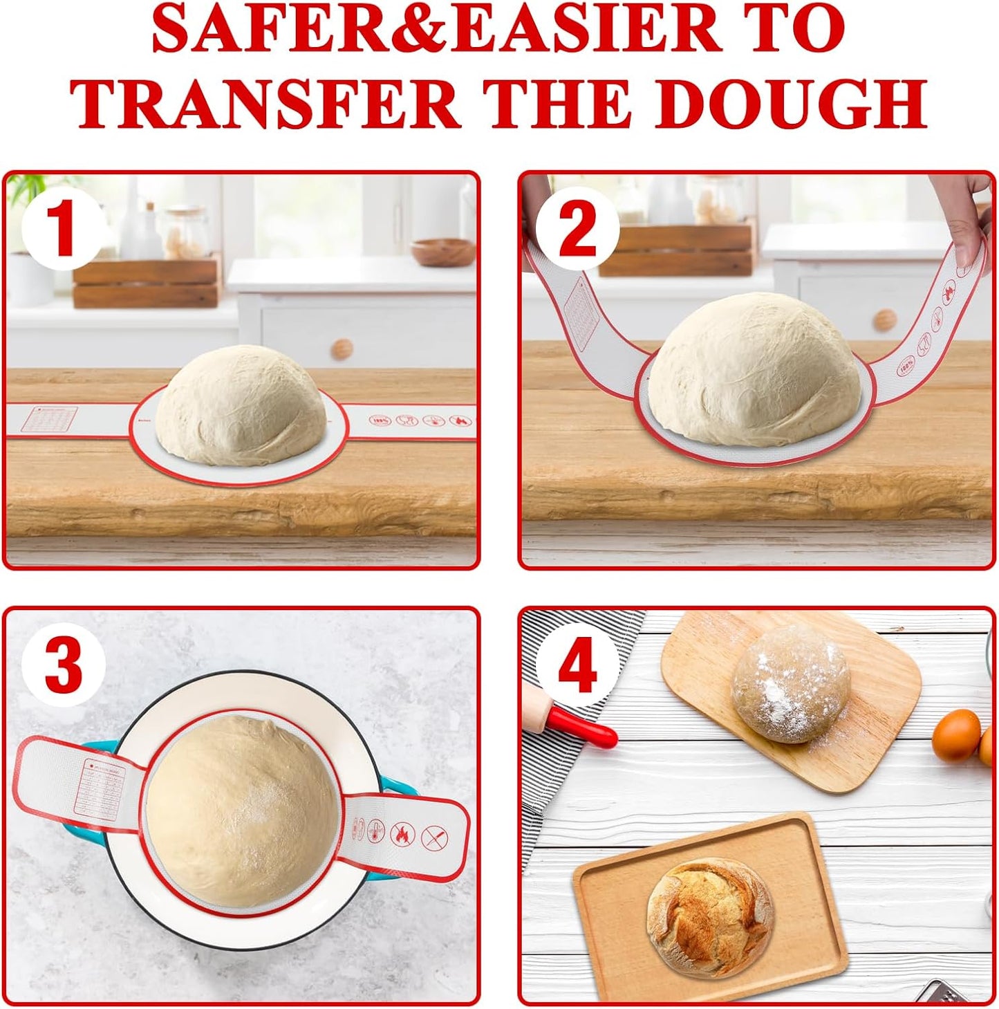 Silicone Bread Sling Dutch Oven Liners Sourdough Bread Baking Supplies Baking Mat With Extra Long Handles for Transfer Dough Pastry Pizza Non-Stick Reusable Heat Resistant 8.3 Inch 2 Pack