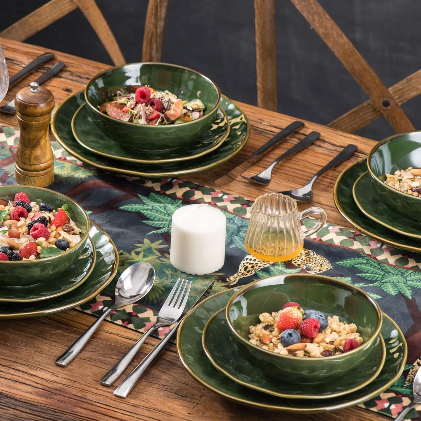 vicrays Ceramic Pasta Bowls Set, 32 Ounce Soup Bowls, Large Salad Bowls, Chip Resistant, Dishwasher Microwave Safe, Fluted stoneware Bowls for Kitchen, Serving Bowls, Set of 6 (Green)