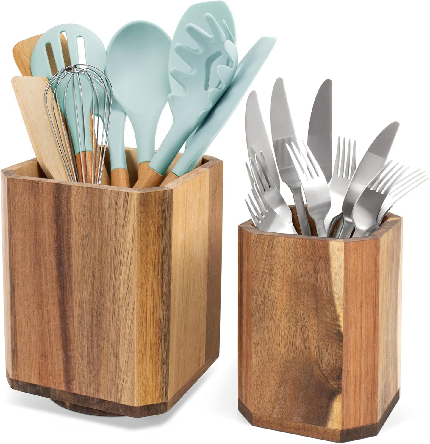 RedCall 2 Pack Acacia Wood Utensil Holder, 360° Rotating Large Cooking Utensil Organizer, Kitchen Tool Storage for Countertop,Spoon Spatula Holder for Kitchen Counter,Farmhouse Decor