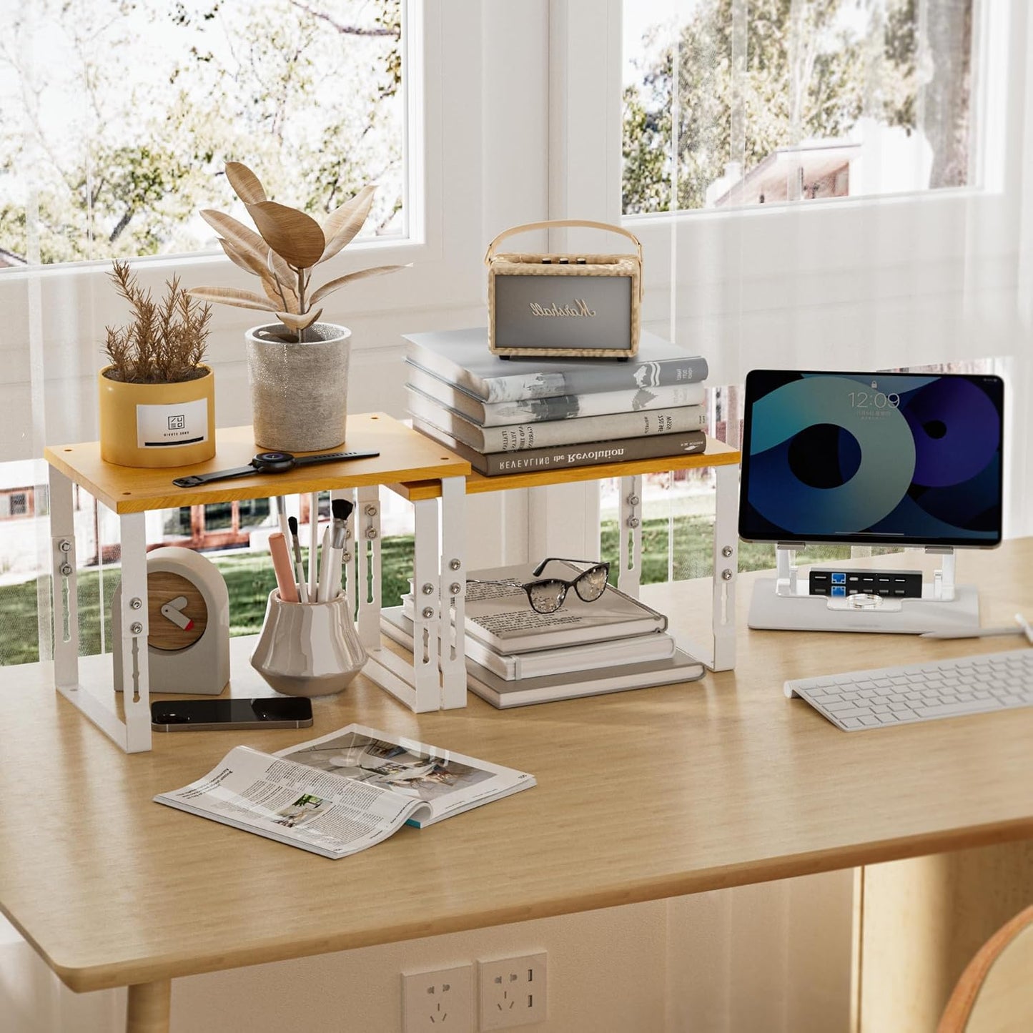 Expandable Kitchen Cabinet Organizer Shelves – Stackable Adjustable Metal and Wood Storage Racks for Countertop, Pantry, Garage Set of 2 Spice Rack – Easy Assembly, Space-Saving(2 Packs/Large/White)