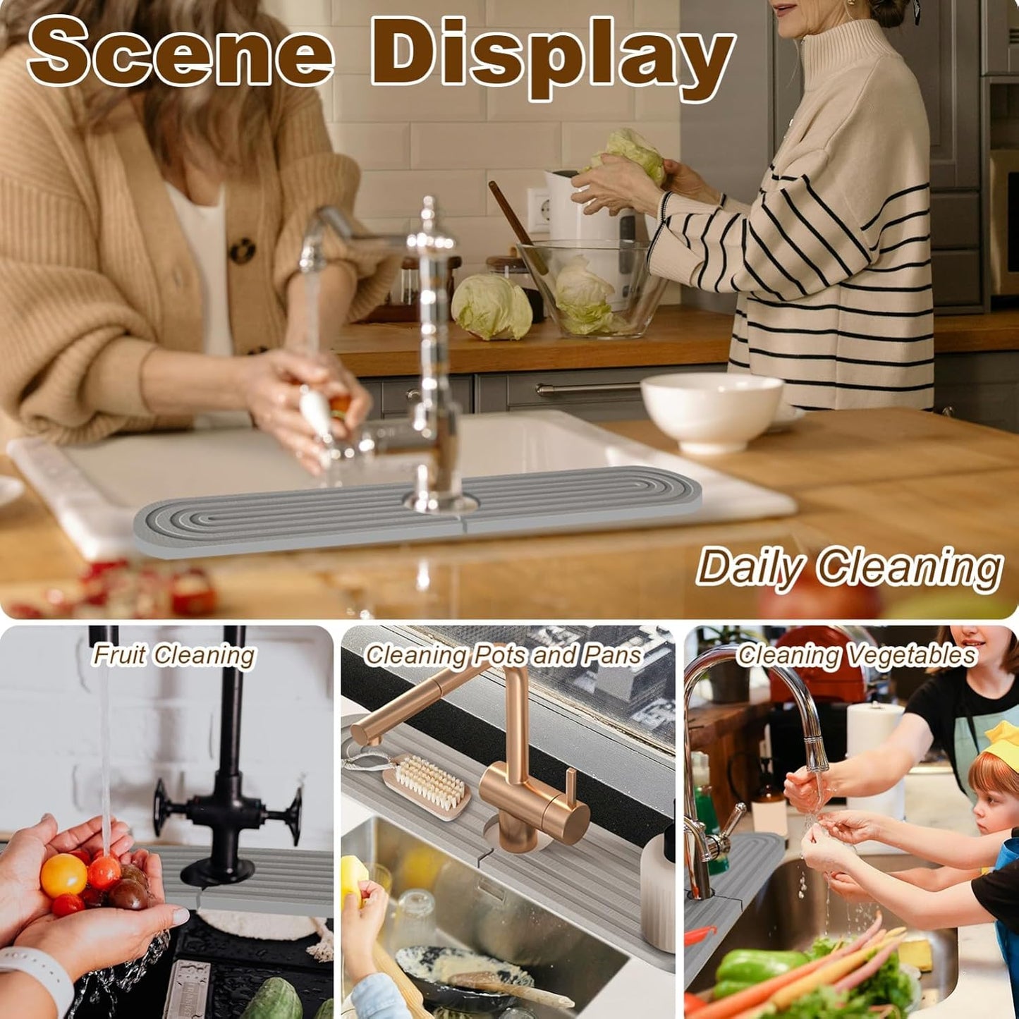 Faucet Mat for Kitchen Sink, Diatomite Super Absorbent Fast Drying Stone Sink Tray for Bathroom Kitchen Sink Splash Guard(Round Grey,17.7x3.9in)