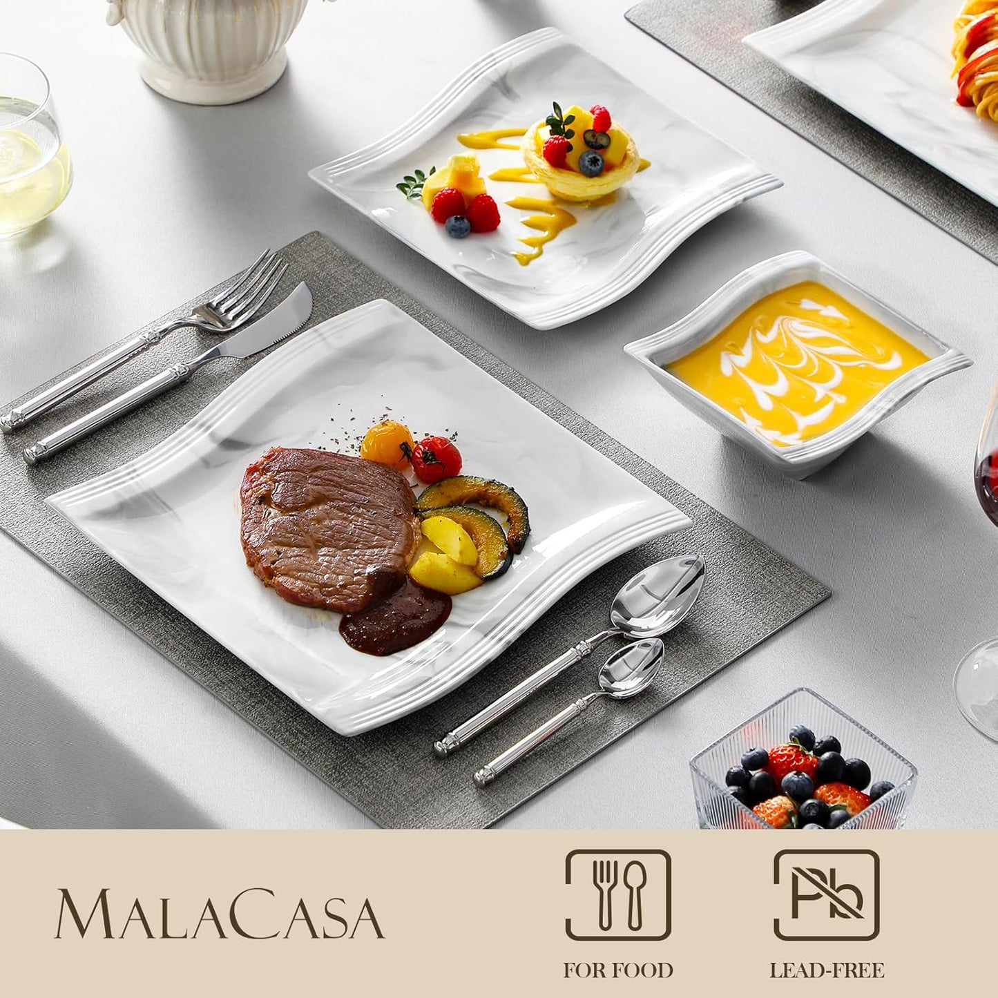 MALACASA Plates and Bowls Sets, 12 Pieces Modern Porcelain Dinnerware Sets for 4, Marble Dishware Set Kitchen Dining Ware Set, Square Ceramic Dish Set, Microwave and Dishwasher Safe, Series Flora