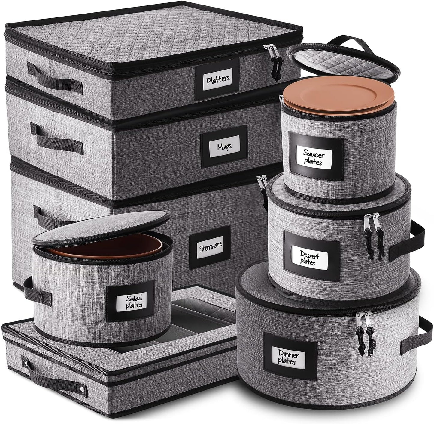 STORAGEBUD China Storage Containers Hard Shell, 8 Piece Flatware & Utensil with Mug Storage, Wine Glass 4 Dish Platter Case, Padded Dinnerware Containers, (sb-hds-09)