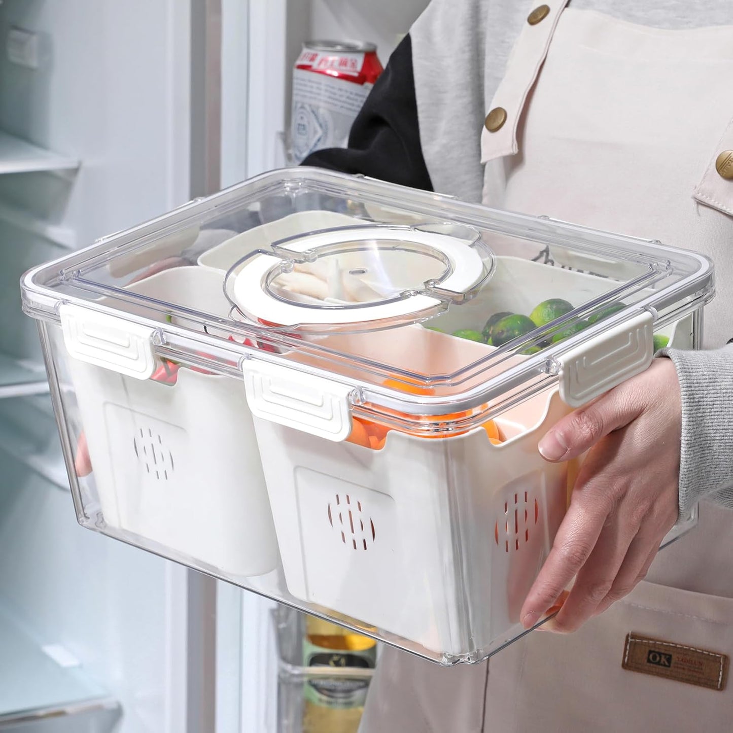 Taiuloo Airtight Fruit Storage Containers for Fridge with Lid & Handle, BPA-Free Snack Box Container with 4 Removable Colanders, Berry Vegetable Fresh Produce Saver, Clear Refrigerator Organizer Bins