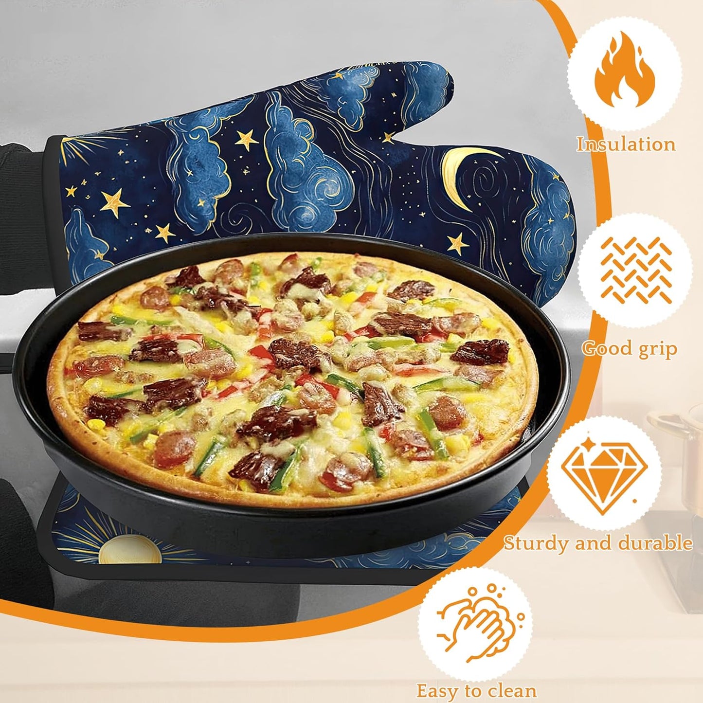 Starry Night Oven Mitts and Pot Holders Set,Sun Moon Kitchen Oven Gloves and Pot Holder with Heat Resistant Non Slip for Cooking Baking Grilling(4 Piece Set)