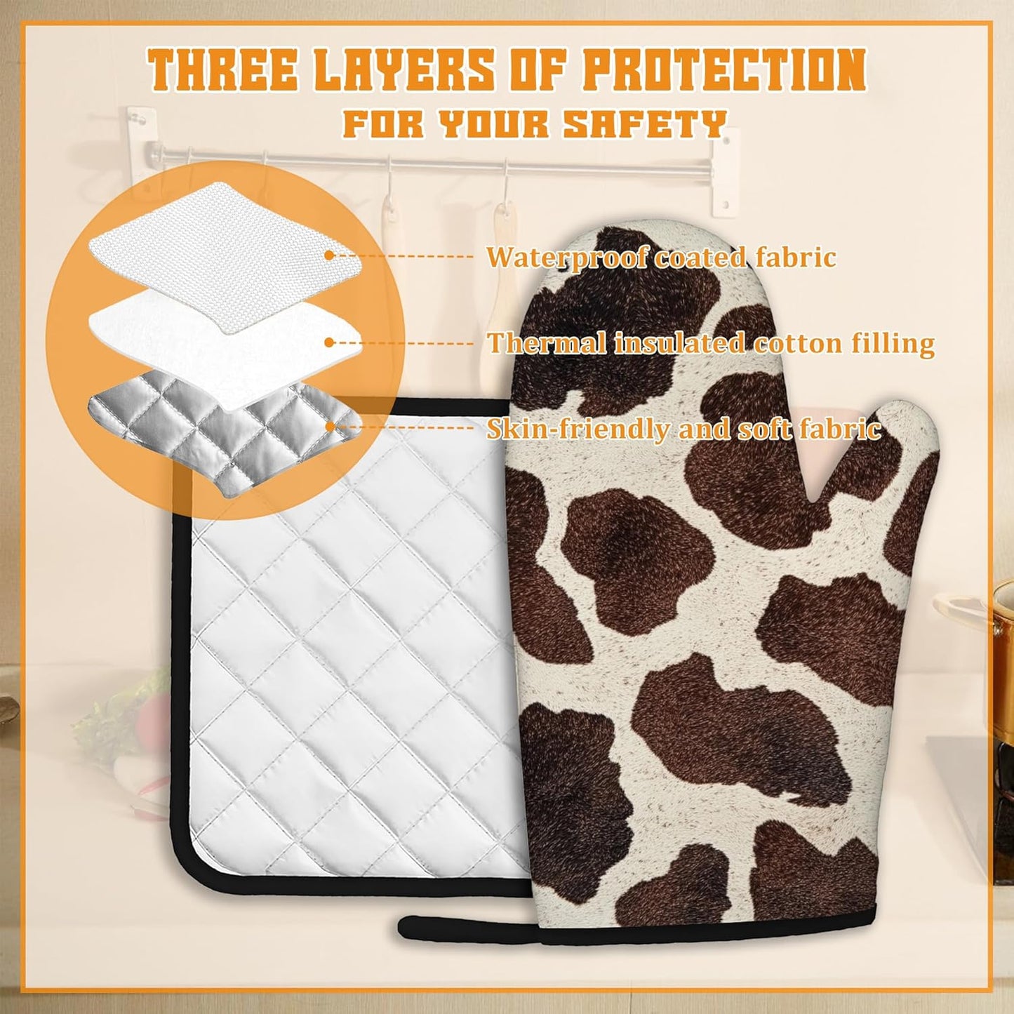 Brown Cowhide Oven Mitts and Pot Holders,Cow Skin Heat Resistant Oven Mitts Gloves and Pot Holder for Home Kitchen Decorations Cooking Baking BBQ Gifts,Set of 4